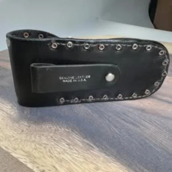 VTG Western Hand Tooled Black Leather Bifold Wallet & Studded Concho Belt Pouch - Picture 7 of 10